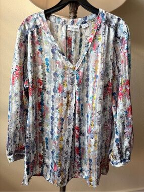 Liz Claiborne Petite Watercolor Abstract V-Neck Blouse Size PL]